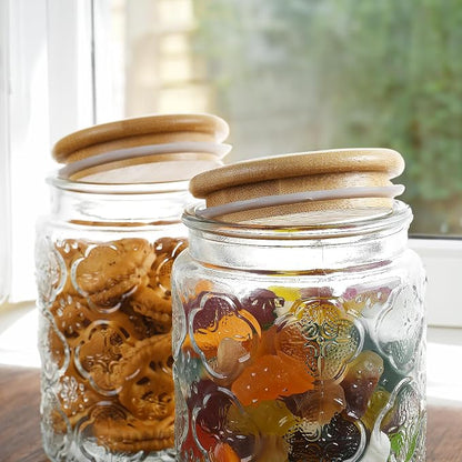 Custde Glass Storage Jars With Airtight Lid, 23.7oz Canister For Kitchen Counter with Bamboo Lid, brown sugar, candy, coffee, cookie, salt, tea,pantry cute Jar (Begonia Flowers*2)