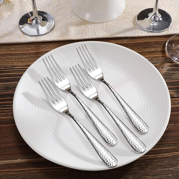 KEAWELL Premium 4-Piece Louise Hammered Fork Set, 18/10 Stainless Steel, Fine Fork Set with Round Edge, Brightly-Mirror polished, Dishwasher Safe. (4, 8" Dinner Forks)