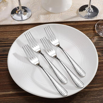 KEAWELL Premium 4-Piece Louise Hammered Fork Set, 18/10 Stainless Steel, Fine Fork Set with Round Edge, Brightly-Mirror polished, Dishwasher Safe. (4, 8" Dinner Forks)