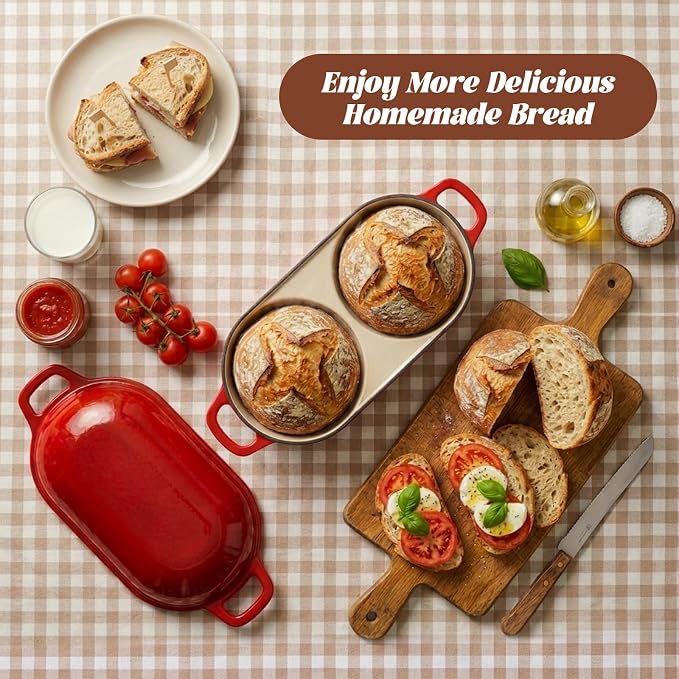 Double Dutch Oven for Sourdough Bread Baking - Enameled Cast Iron Bread Pan with Lid, 2-Slot Mini Loaf Design (16.5cm Each) for Homemade Artisan Bread, Easy to Clean, Ideal for Family Daily Baking