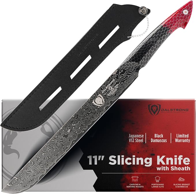 Dalstrong Slicing Knife - 11”- Scorpion Series Meat Slicing Knife Professional- Exclusive Japanese V12 Ultra™ Steel - Black Damascus - Black & Red Honeycomb Resin Handle- Brisket Slicer with Sheath