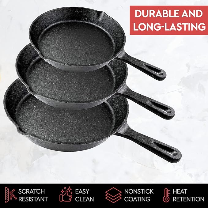 Cast Iron Skillet 3-Piece Set w/Cookbook - Heavy-Duty Professional Restaurant Chef Quality Pre-Seasoned Pan Cookware - 10", 8", 6" Pans - For Frying, Saute, Cooking, Pizza - Black