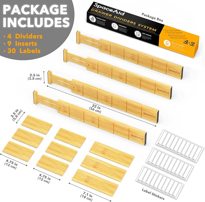 SpaceAid Spice Drawer Organizer with 28 Spice Jars, Bamboo Drawer Dividers with Inserts 4 Dividers with 9 Inserts (17-22 in)