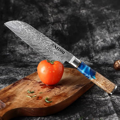 XITUO 7-Inch Santoku Knife, 67-Layer Japanese Damascus Steel Chef Knife, Ultra Sharp Kitchen Knife with Ergonomic Blue Resin & Wood Handle, Gift Box
