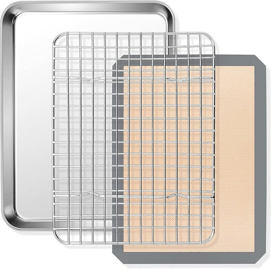 Baking Sheet with Rack & Silicone Mat Set, E-far 12.4”x9.7” Stainless Steel Cookie Sheet Broiling Pan for Oven, Rimmed Metal Tray with Wire Rack for Cooking/Cooling/Bacon/Steak - Dishwasher Safe