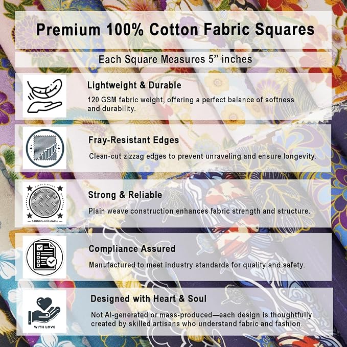 Soimoi 40 Pcs Cotton Fabric Squares Bundles Charm Packs for Quilting, Fat Quarter Layer Cakes, Precuts Quilt Squares 5 x 5 inches, DIY Fabric Bundle - Japanese Serenity