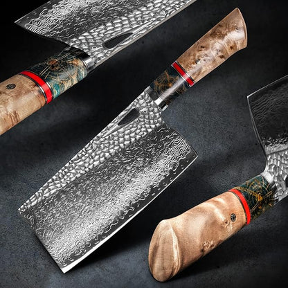 Damascus Kitchen Chinese Cleaver,7.5in Professional Handmade Chopping Chopper Knives with Burl Stabilized Wood Handle for Meat and Vegetable in Home&Restaurant