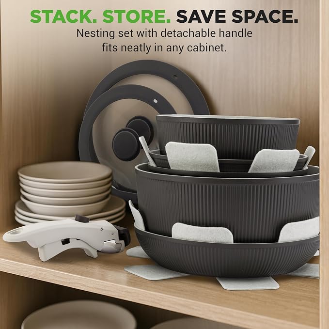 NutriChef 18-Piece Ceramic Cookware Set with Detachable Handles, Non Stick Pots and Pans, PTFE-Free Natural Ceramic Coating, Space-Saving Design, Oven & Stove Safe, Includes Utensils, Blue