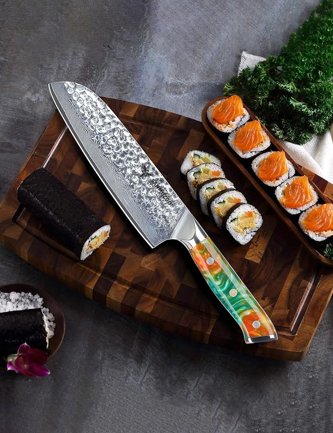 7" Santoku Knife - Japanese Chef Knife - Hammered Damascus Steel & Resin Handle - YAO Series