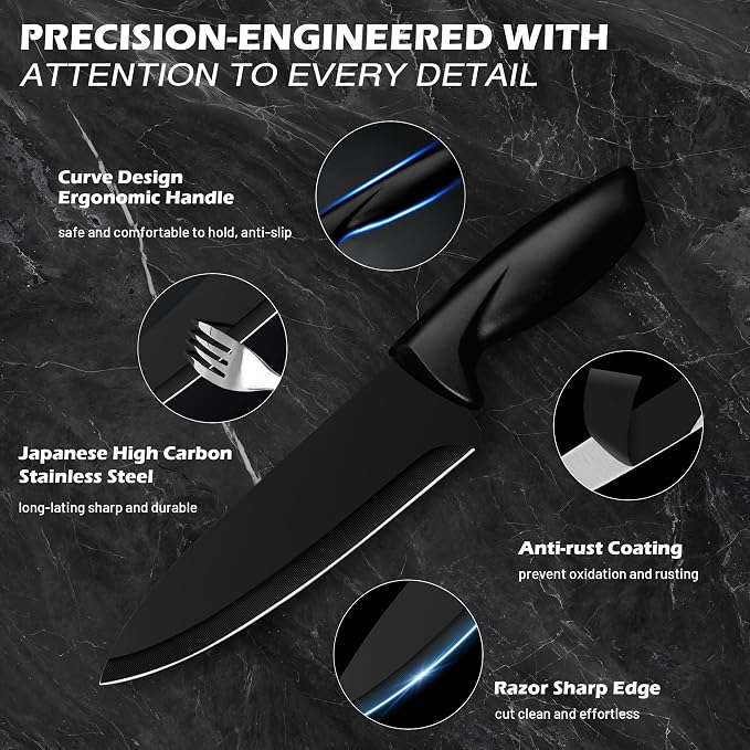 Knife Set, KroWallu 20 Pieces Knife Sets for Kitchen with Block, Dishwasher Safe Kitchen Knife Set with Built-in Sharpener, German Stainless Steel Black Knife Block Set