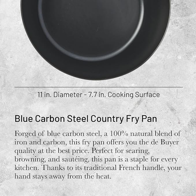 de Buyer - Blue Carbon Steel Fry Pan 2mm Thick - 11” Diameter, 7.7” Cooking Surface - Oven Safe - Naturally Non-Stick Finish - Made in France