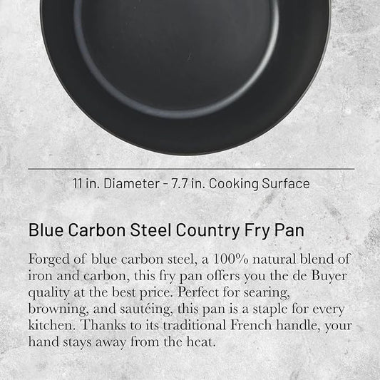 de Buyer - Blue Carbon Steel Fry Pan 2mm Thick - 11” Diameter, 7.7” Cooking Surface - Oven Safe - Naturally Non-Stick Finish - Made in France