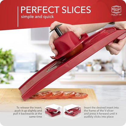 Mandoline Food Slicer Börner V1 (Starter Set) by Reston Lloyd • V-Slicer with 3 Blade Inserts & Food Holder • Made in Germany • Fruit & Vegetable Chopper • Multiple Settings • Color: Red