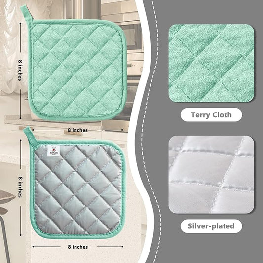 Joyhalo 4 Pack Pot Holders for Kitchen,Cotton Oven Holder with Great Heat Resistance,Non Slip Hot Pads for Kitchen Clearance, Aqua