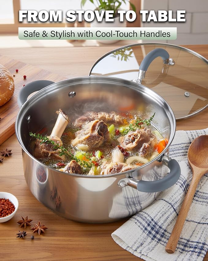 Cook N Home Basics Stainless Steel Cookware Set with Glass Lids, Pots and Pans Set, Stay-Cool Silicone Handles, Induction Compatible, 6-Piece