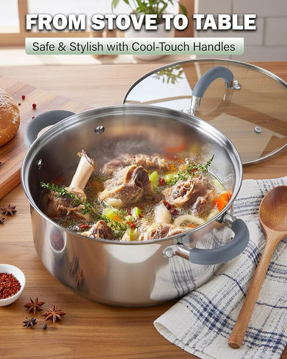 Cook N Home Basics Stainless Steel Cookware Set with Glass Lids, Pots and Pans Set, Stay-Cool Silicone Handles, Induction Compatible, 6-Piece