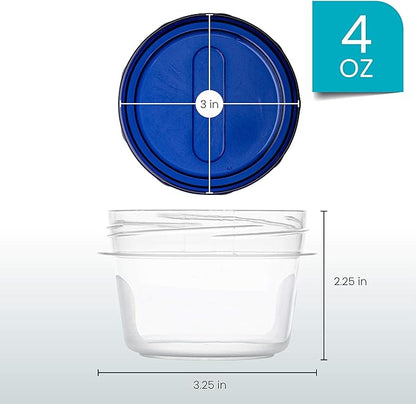 PLASTICPRO [4 oz 144 Pack] Twist Top Deli Containers Clear bottom With blue Top Twist on Lids Reusable, Stackable, Food Storage Freezer Container Pack of 144