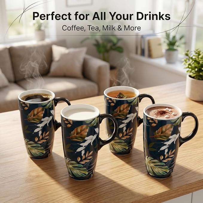 Topadorn 17oz Ceramic Travel Mug with Lid and Handle, Leaf Art Coffee Cup, Nature Inspired Porcelain Mug, Microwave & Dishwasher Safe, Gift Box Included