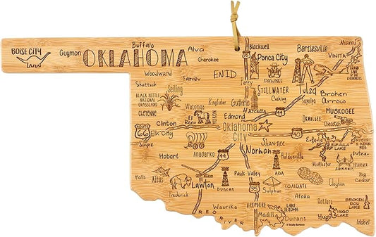 Totally Bamboo Destination Oklahoma Shaped Cutting Board – Bamboo Charcuterie and Serving Board with Hang Tie for Wall Display