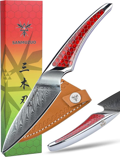 3.5 inch Paring Knife, Japanese VG-10 Damascus Steel Kitchen Knife, Ultra Sharp Fruit Knife with Full-tang Handle in Red Resin, LA-S9 Series