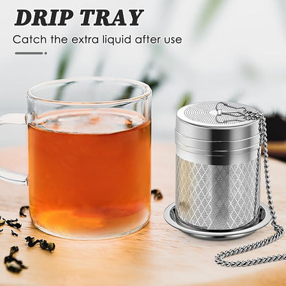 Yoassi Tea Infusers for Loose Tea, 2 Pack Extra Fine Mesh Tea Strainers, 18/8 Stainless Steel Loose Leaf Tea Steeper Tea Diffusers with Extended Chain Hook and Drip Tray