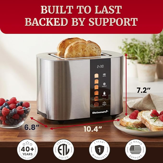 Elite Gourmet ECT2470 2-Slice Automatic Motorized Toaster, No-Lever Digital Touchscreen, Extra-Wide Slots, 6 Browning Levels, Bagel/Defrost/Reheat, Stainless Steel
