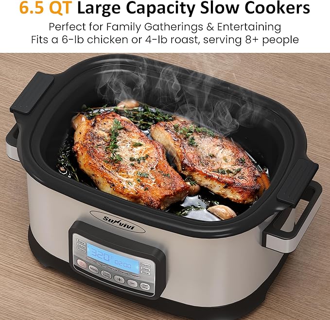 Sunvivi Slow Cooker Roaster Oven 6.5 Quart, 11 in 1 Programmable Multi-Cooker with Digital Timer, Temp Control, Keep Warm, Removable Nonstick Pot & Dishwasher-Safe Glass Lid, Sliver