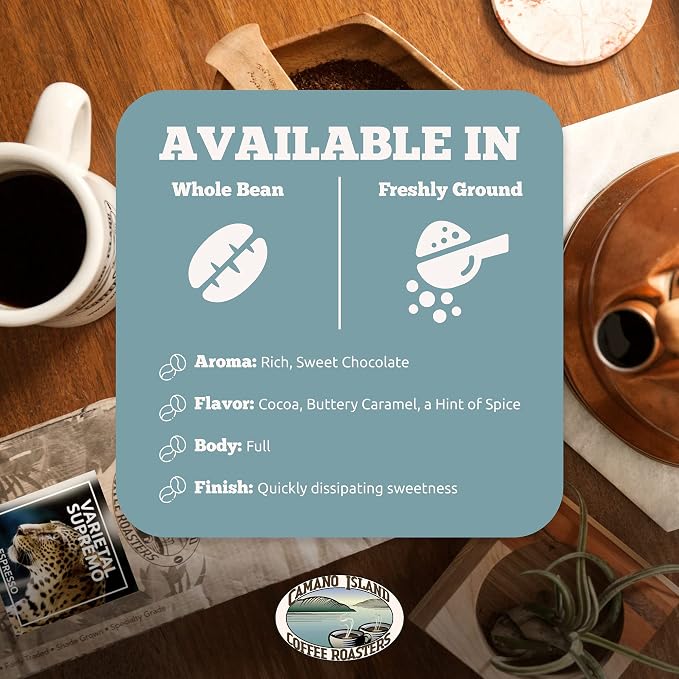 Camano Island Coffee Roasters Varietal Supremo Espresso Blend, Ground 12oz, Fresh Dark Roast, USDA Organic, Fairly Traded, Shade Grown Arabica, Chocolate, Caramel, Hint of Spice Flavor Profile