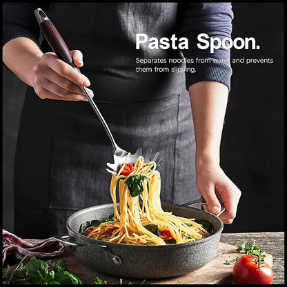 IQCWOOD Stainless Steel Cooking Utensils Set with Wooden Handle, 5-Piece Heat Resistant Kitchen Utensil Tool for Cookware Set -Spatula, Turner, Spaghetti Server, Skimmer Spoon, Soup Ladle