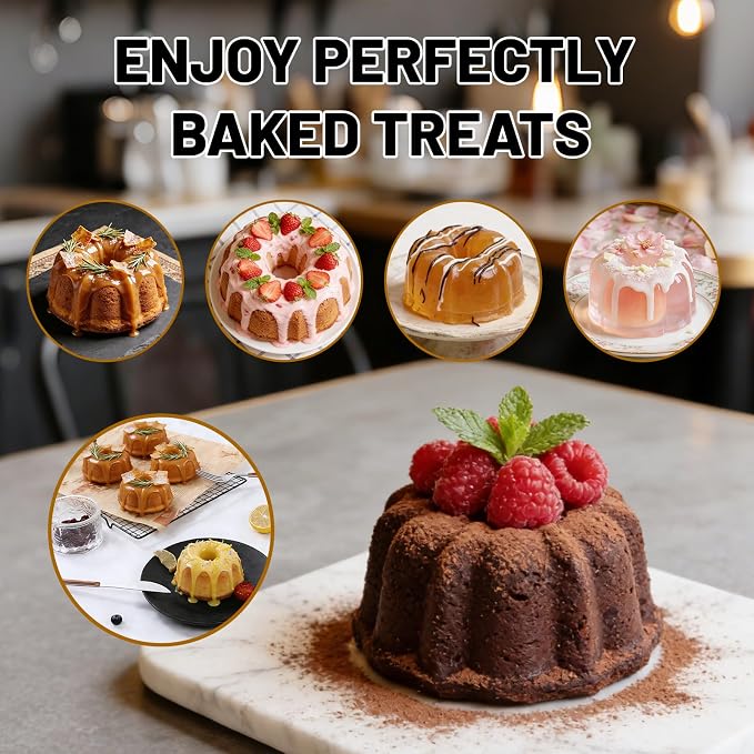 Vinino Silicone Mini Fluted Tube Cake Pan with Metal Reinforced Frame, 12 Pcs Mini Flan Molds for Baking Jello, Muffin, Pudding, Chocoflan, 4 Inch Nonstick Mini Cake Pan for Oven, Dishwasher Safe