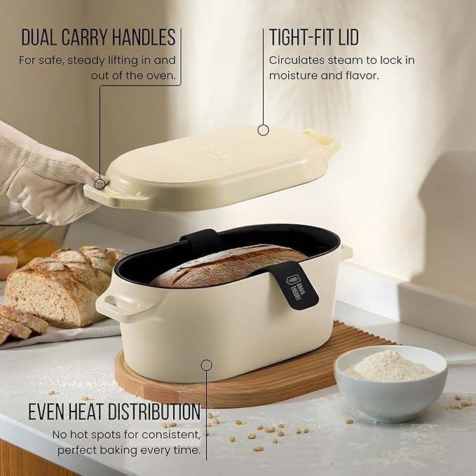 Kook Dutch Oven, For Sourdough Baking, Dual Handles, Enameled Cast Iron, includes Silicone Mat and Sourdough Guide, Dishwasher Safe, Oven safe 500F, 5 Qt, (Ivory)