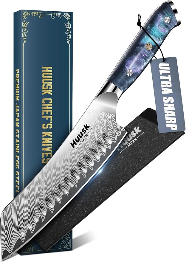 Huusk Japanese Santoku Knife 7" - Professional Chef Knife for Kitchen with Resin Handle, Stainless High Carbon Steel, Hand Sharpened All Purpose Kitchen Cooking Knives with Sheath,Men's Gift