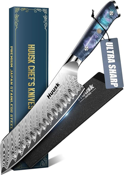 Huusk Japanese Santoku Knife 7" - Professional Chef Knife for Kitchen with Resin Handle, Stainless High Carbon Steel, Hand Sharpened All Purpose Kitchen Cooking Knives with Sheath,Men's Gift