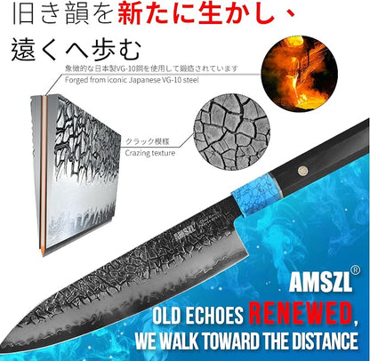 8" Japanese VG10 Damascus Chef Knife – Blue Turquoise, Ebony Handle | HRC 60-62, stays sharp 3X longer. 5-layer Damascus, full tang octagonal ebony handle with genuine blue turquoise