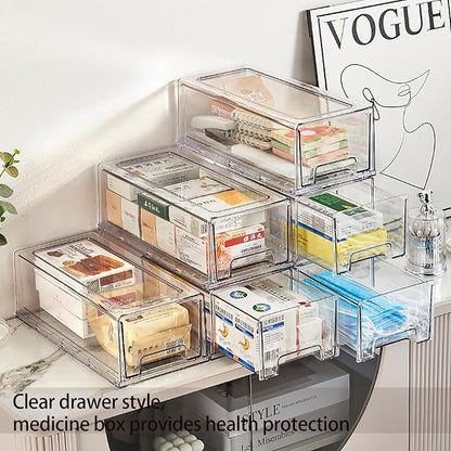 2 Pack - Clear Pulling Medicine Drawer First Aid Kit Box for Bathroom, Cabinet, Closet,Medicine Organizer, Medicine Storage Box Adhesive Bandages Family Emergency Kit (L drawer)