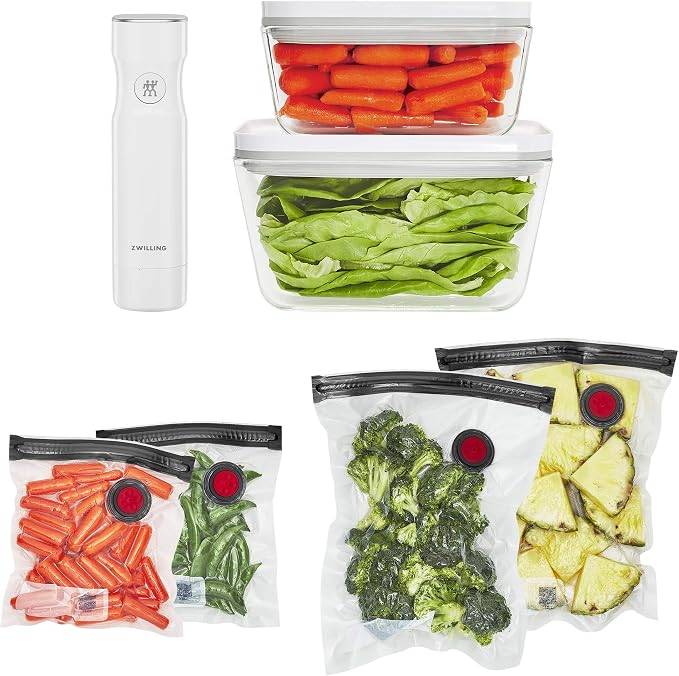 ZWILLING Fresh & Save 7-pc Vacuum Sealer Machine Starter Set, Sous Vide Bags, Meal prep, Airtight Food Storage Containers Glass