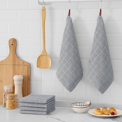 Mordimy 100% Cotton Terrycloth Kitchen Towels and Dishcloths Sets, Soft and Absorbent Checkered Dish Towels, Quick Drying Dish Rags for Washing Dishes, 4 Pack 12" x 12" & 4 Pack 12" x 12", Light Grey