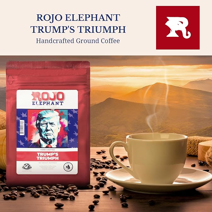 Rojo Elephant Caffeinated Ground Coffee, Single Origin Arabica Beans, Naturally Low Acid, Premium Ground Coffee (11 oz Bag) (Medium Dark Roast - Trump's Triumph)