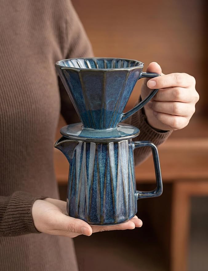 Pour Over Coffee Maker Set, Vintage Ceramic Coffee Dripper with 50 Paper Filters, 15oz/450ml, for Home Café Restaurant Camping