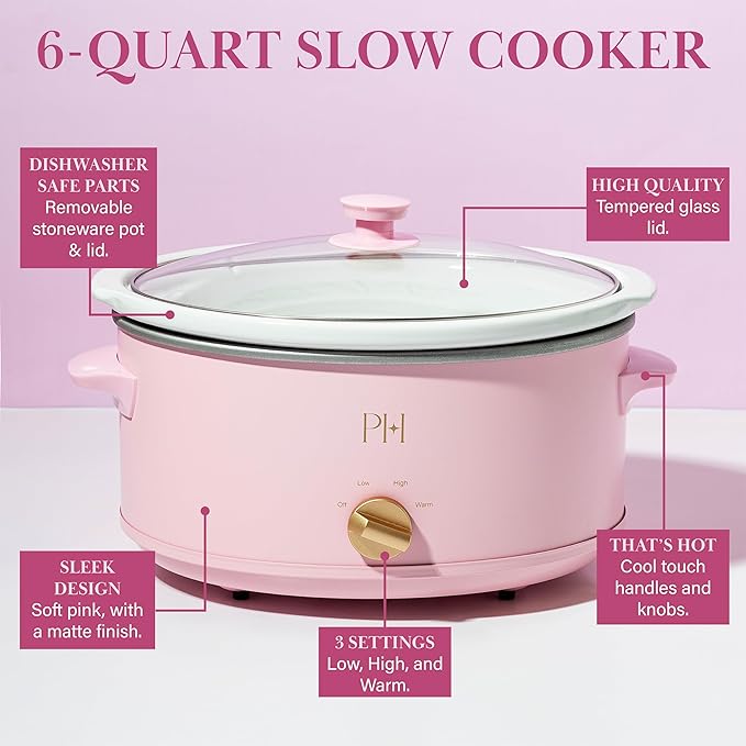 Paris Hilton 6-Quart Manual Slow Cooker, Naturally Nonstick Stoneware Ceramic Insert, Three Settings (Low, High, Warm), Dishwasher Safe Family Size Slow Cooker, Pink