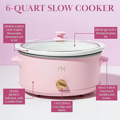 Paris Hilton 6-Quart Manual Slow Cooker, Naturally Nonstick Stoneware Ceramic Insert, Three Settings (Low, High, Warm), Dishwasher Safe Family Size Slow Cooker, Pink