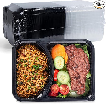 YANGRUI Meal Prep Containers 40 Pack 41 oz - Shrink-Wrapped No Pre-Wash | 2 Compartment Leak-Resistant Bento Box | BPA Free Shatterproof PP | Microwave Safe To-Go Food Storage for Leftovers & Parties