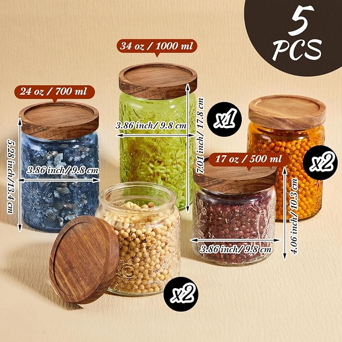Gerrii Multicolor Sunflower Round 5 Pcs Vintage Glass Food Storage Containers 17/24/34 oz Glass Jar with Lid Airtight Candy Food Canisters for Kitchen Counter Pantry Coffee Beans
