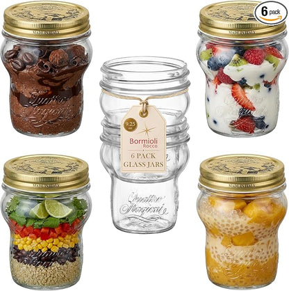 Bormioli Rocco Quattro Stagioni Glass Jars (Set of 6) - 9.25 Oz Stackable Storage Jars with Wide Mouth & Aluminum Lids - Glass Containers for Preserving, Serving, Organizing - Made in Italy
