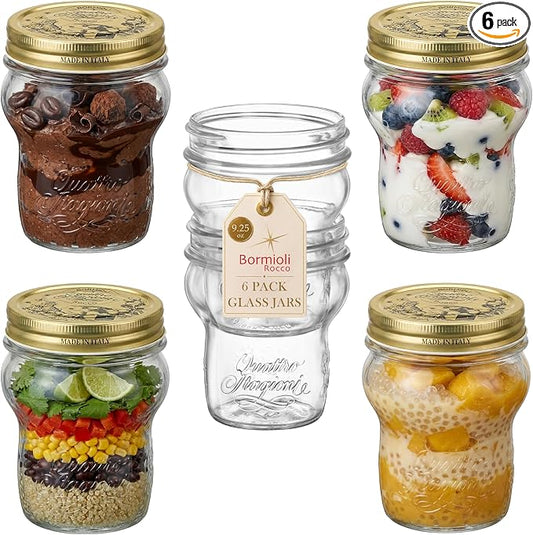 Bormioli Rocco Quattro Stagioni Glass Jars (Set of 6) - 9.25 Oz Stackable Storage Jars with Wide Mouth & Aluminum Lids - Glass Containers for Preserving, Serving, Organizing - Made in Italy