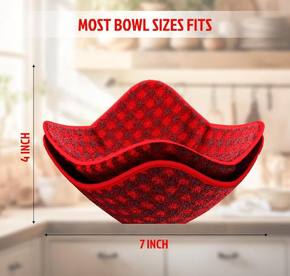 Set 2X Black 7" sq. x 4" H Red Microwave Bowl Cloth Hot Pads Pot - Microwave Safe Holder Multipurpose Heat Resistant Plate Holder Polyester Potholder - Protector for Heat Soup, Food, Meals