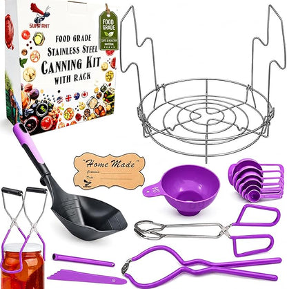 Supa Ant Canning Supplies Starter Kit- Canner Accessories with Canning Rack for Jars, XL Ladle,Wide Mouth Jar Funnel,Jar Lifter and Wrench,Bubble Popper/Measurer,Lid Lifter,Kitchen Tongs (Lavender)