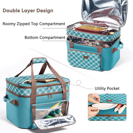 Double Layer Slow Cooker Carrier Bag – Fits 6–8 Qt Oval Slow Cooker Compatible with CrockPot & Hamilton Beach | Insulated Travel Tote with Utensil Storage & Adjustable Straps