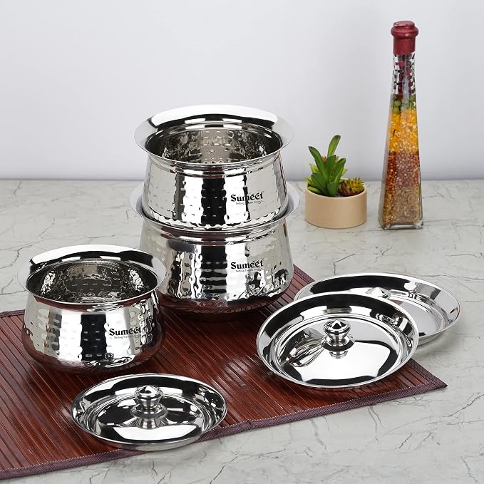 Sumeet Stainless Steel Handcrafted Hammered Texture Handi Set with Lid for Kitchen, Set of 3, 950ml, 1300ml & 1700ml, Silver