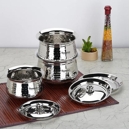 Sumeet Stainless Steel Handcrafted Hammered Texture Handi Set with Lid for Kitchen, Set of 3, 950ml, 1300ml & 1700ml, Silver